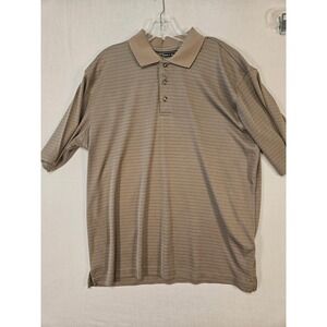 Pebble Beach Performance Mens Large Khaki Tan Striped Golf Polo Shirt 2374